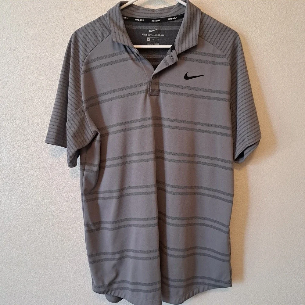Nike Golf Tiger Woods Zonal Cooling Polo Shirt Mens Medium Grey Striped TW Logo